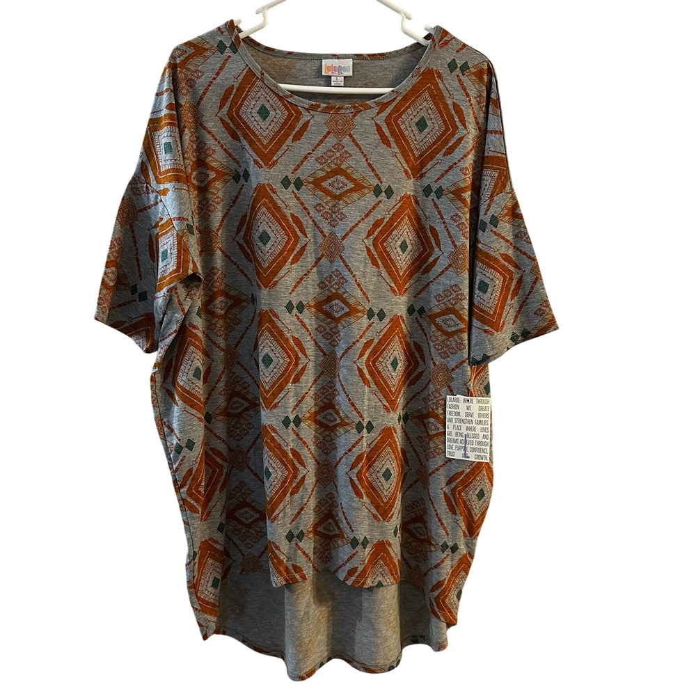 Lularoe Irma Tunic Top‎ Women's Large Gray Orange Geometric Diamond High Low NWT